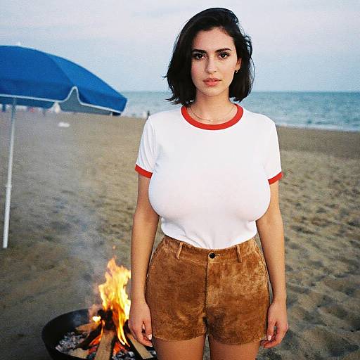 Woman in Ringer Tee at Beach Bonfire