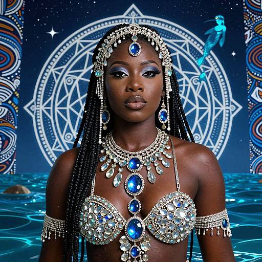 Photograph of a dark-skinned woman with long braids, wearing an elaborate blue and silver jewelry set, against a cosmic, magical-themed background with