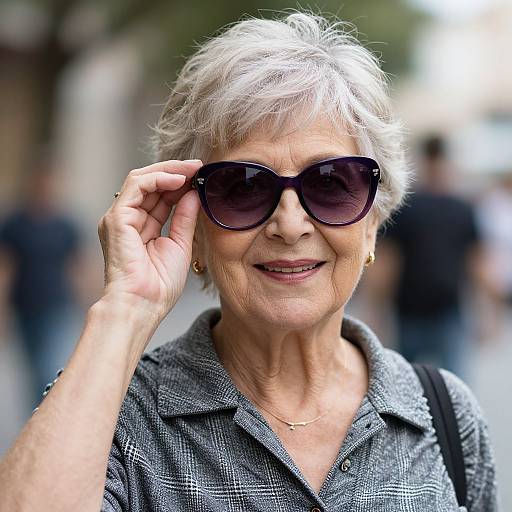 Photograph of an elderly woman with short gray hair, wearing large black sunglasses, a gray checkered shirt, gold earrings, and a necklace, adjusting
