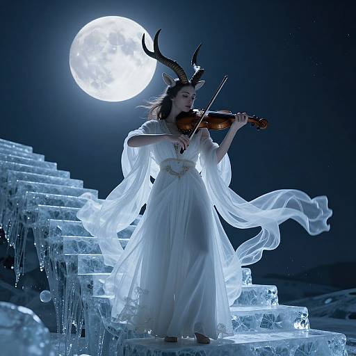 Photograph of a woman with antlers playing violin in a white, flowing dress, standing on glowing ice stairs under a full moon.