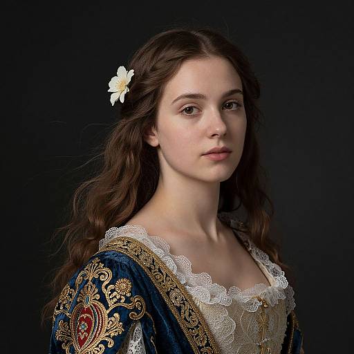 Photograph of a young woman with fair skin and long, wavy brown hair, adorned with a white flower, wearing an ornate blue and gold