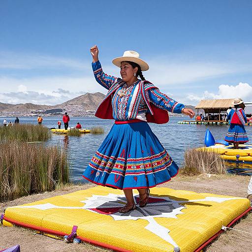 Photograph of a traditional Andean woman in vibrant blue dress and red sash, standing on a yellow inflatable raft by a lake with mountains and other