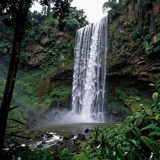 Photograph of a tall, cascading waterfall surrounded by lush, green tropical vegetation, rocks at the base, and mist rising from the pool.