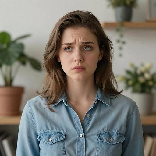 Worried Young Woman in Denim Shirt