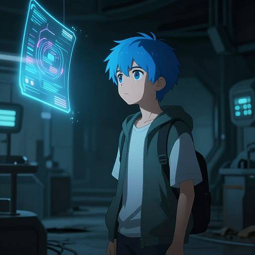 Anime-style digital artwork of a blue-haired boy with large eyes, wearing a white shirt and black vest, standing in a dark, futuristic room, looking