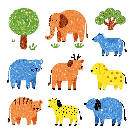 Colorful, child-like drawing of nine animals: orange elephant, blue zebra, yellow giraffe, orange antelope, blue rhino, orange