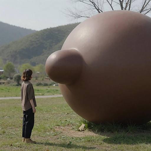 Person Facing Large Brown Spherical Object