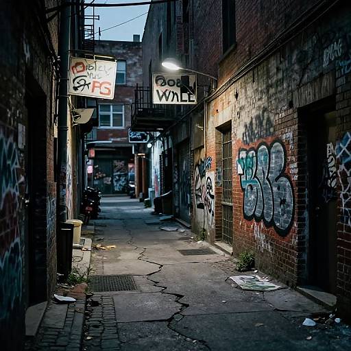 Photograph of a narrow, dimly lit urban alleyway with cracked pavement, graffiti-covered brick walls, and overhead neon signs in a gritty, industrial