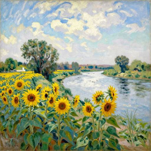 Impressionist-style painting of a sunlit field with vibrant yellow sunflowers, a calm river, and a partly cloudy sky, featuring a large tree