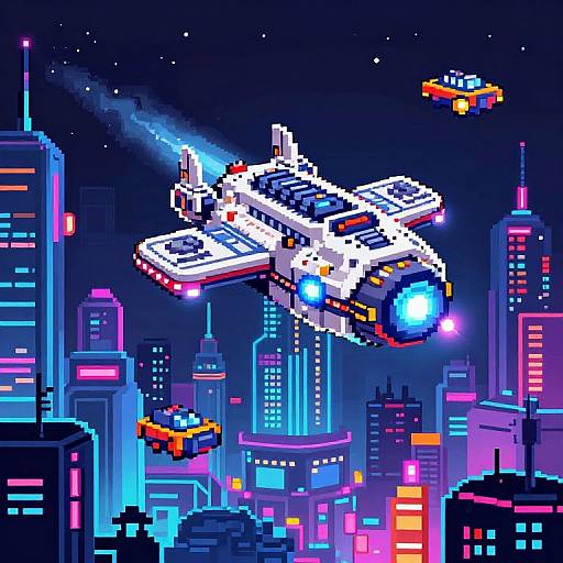 Pixel art of a futuristic city at night with a glowing white spaceship, blue laser, and two flying cars amidst neon-lit skyscrapers.