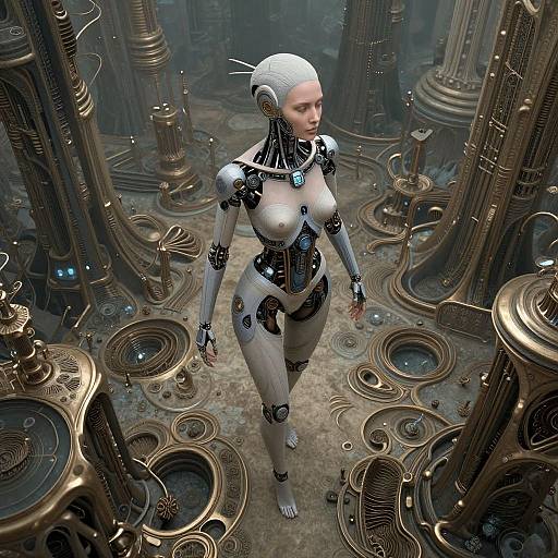 Digital artwork of a white-haired, female humanoid robot with black and silver joints, standing in a futuristic, steampunk-style industrial cityscape with intricate
