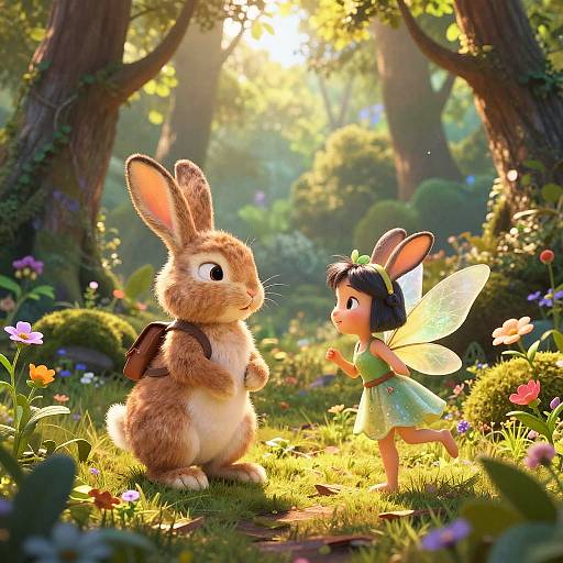 CGI illustration of a cute fairy in a green dress with translucent wings and a brown rabbit with a backpack in a sunlit, colorful forest.