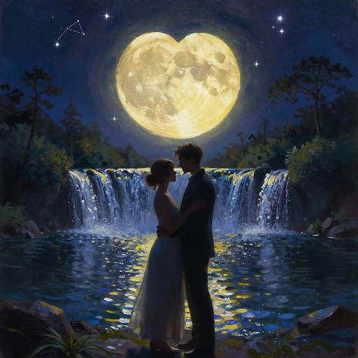 Silhouetted couple standing in moonlit waterfall, full moon shining brightly above, starry night sky, constellation visible, romantic, digital art.