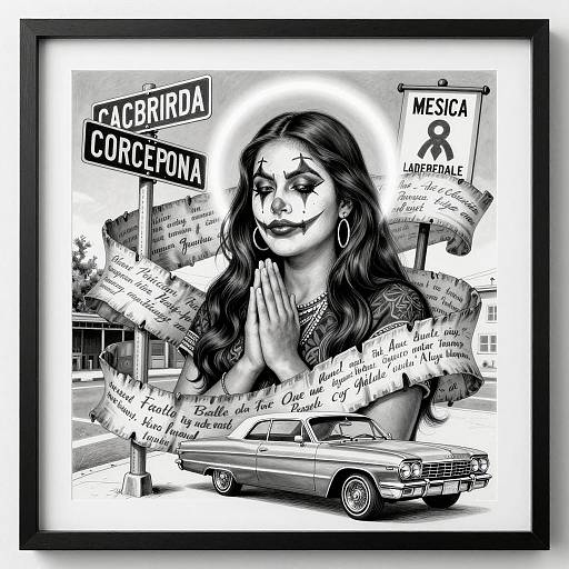 Chicano Art Drawing of Praying Clown Makeup Woman