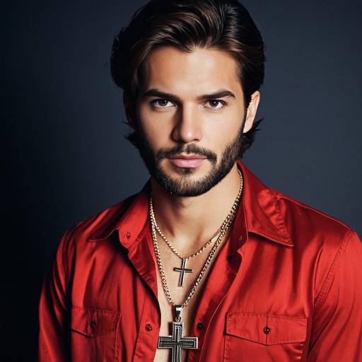 Man in Red Shirt with Cross Necklaces
