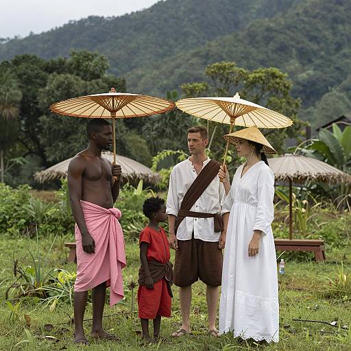 Group of People in Traditional Clothing with Parasols Outdoors