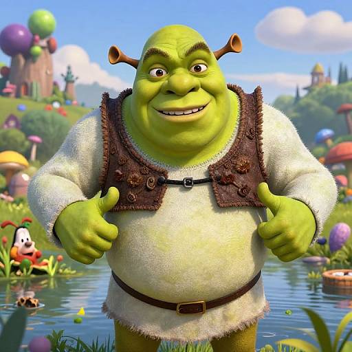 CGI image of a green, chubby ogre with horned ears, thumbs up, wearing a brown vest over a white tunic, in a