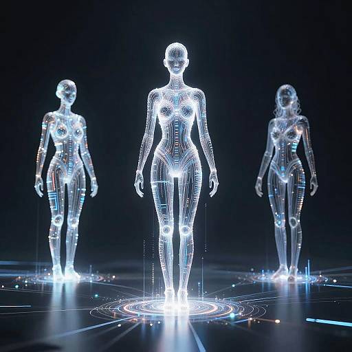 Digital CGI image of three glowing, wireframe female figures with blue neon outlines, standing in a dark, futuristic room.