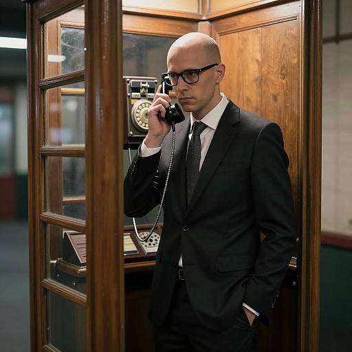 Serious Man in Vintage Telephone Booth