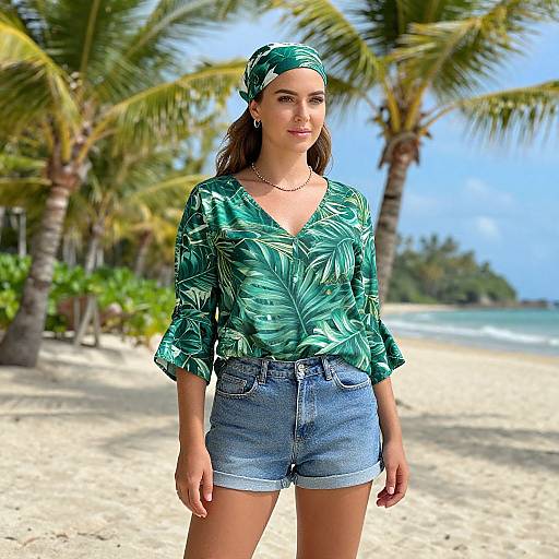 Photograph of a young woman with light skin and brown hair, wearing a green leaf-patterned blouse, denim shorts, and a matching headscarf