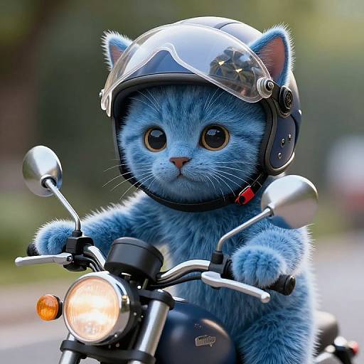 Digital artwork of a cute blue cat wearing a silver motorcycle helmet, sitting on a black motorcycle with a lit headlight.
