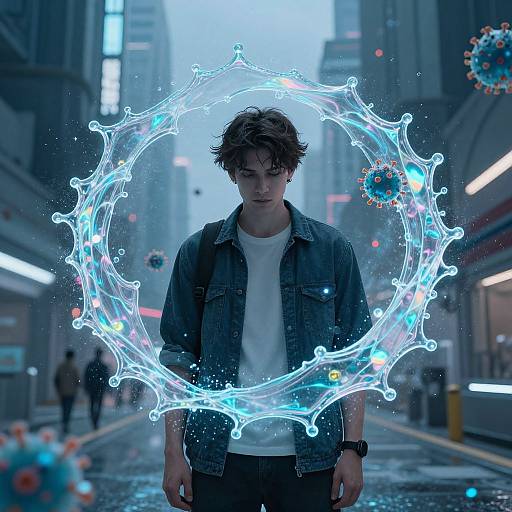 Futuristic Man Amid Glowing Viral Splash