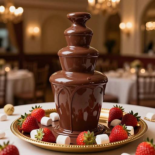 Photograph of a glossy, chocolate trifle tower surrounded by strawberries and marshmallows on a white tablecloth in a warmly lit, elegant dining room