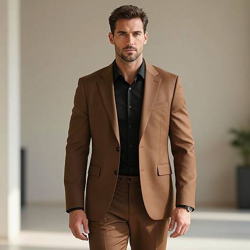 Photograph of a handsome, bearded man with short brown hair, wearing a brown suit over a black button-up shirt, walking confidently indoors.