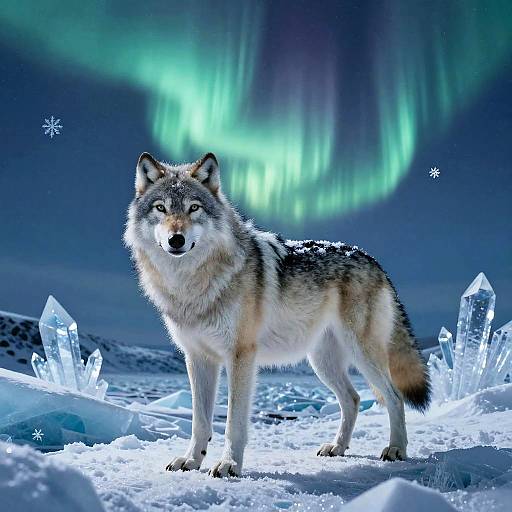 Regal Arctic Wolf Beneath Aurora Borealis