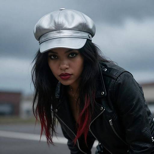 Woman in Silver Leather Cap and Black Jacket