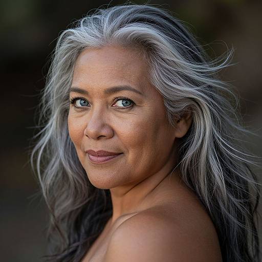 Photograph of a smiling, middle-aged woman with long, silver-gray hair, light brown skin, and blue eyes, against a dark, blurred background