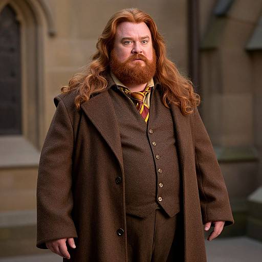 Photograph of a tall, heavyset man with long red hair and beard, wearing a brown overcoat and matching suit, standing outside a stone building