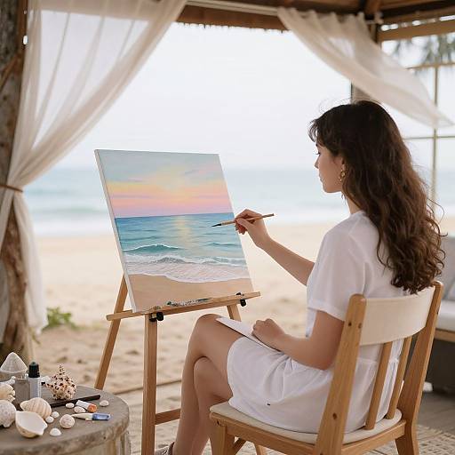 Photograph of a woman with curly brown hair in a white dress painting a beach sunset on an easel, surrounded by seashells and paintbrush