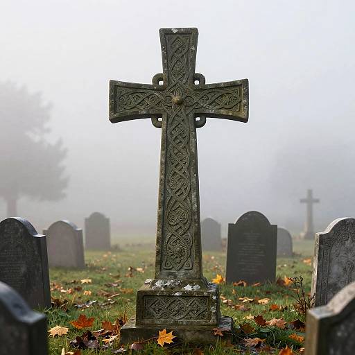 Realistic Celtic Cross in Misty Graveyard