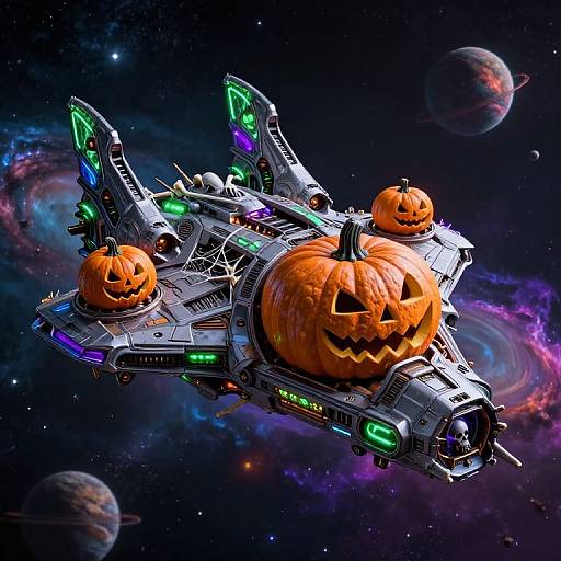 Digital art of a futuristic spaceship with glowing neon lights, carrying three carved Jack-O'-Lanterns in space, surrounded by colorful nebulae