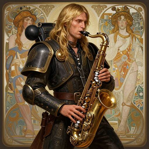 Photograph-style digital art: Blonde, armored medieval musician playing golden saxophone, with two Art Nouveau-style, ethereal female figures in ornate