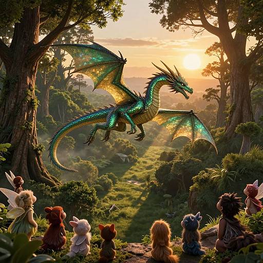 Digital artwork of a glowing, teal dragon with iridescent wings flying over a forest clearing at sunset, watched by six fluffy, fairy-like creatures in