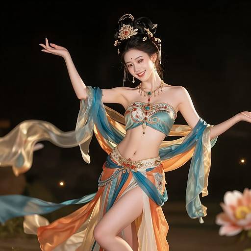 Photograph of an Asian woman in a vibrant, turquoise and orange belly dance outfit with flowing fabrics, ornate jewelry, and a traditional updo,