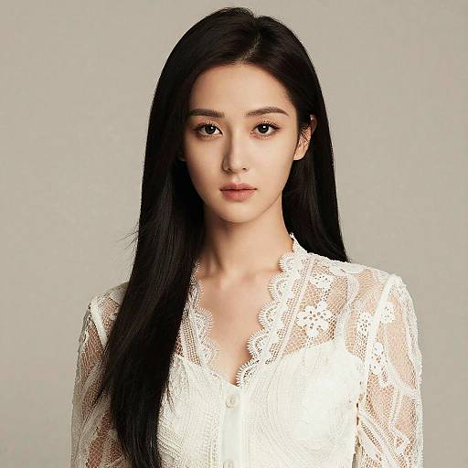 Elegant young woman in white lace outfit