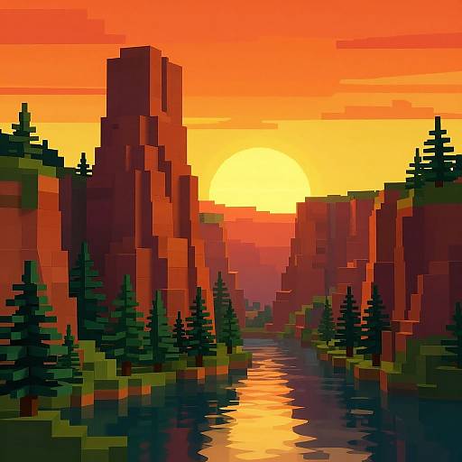 Voxel Art Sunset Canyon Landscape