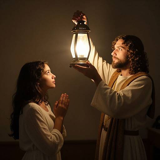Photograph of a bearded man with curly hair holding a glowing lantern, standing opposite a woman with long hair, both in white robes, against a