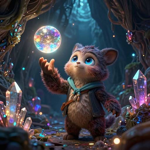 Digital artwork of a cute, fluffy, blue-eyed, brown-furred creature in a magical forest, wearing a teal scarf, touching a glowing, mult