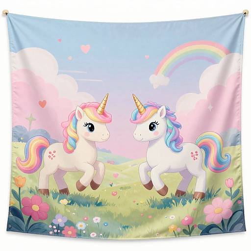 Digital illustration of two colorful, cartoon unicorns with rainbow manes, white coats, and flower cutie marks, standing in a sunny, flower-filled