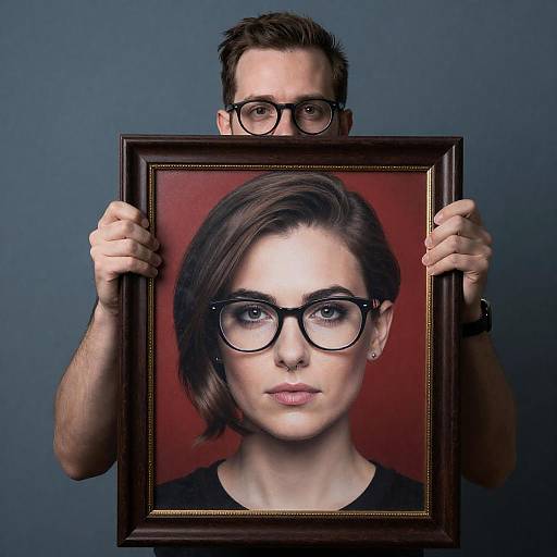 Man Peeking Over Woman's Portrait