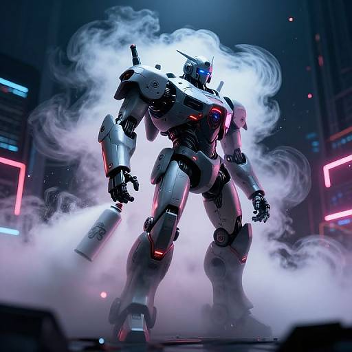 Digital art of a towering, white and red robotic warrior with glowing blue eyes, surrounded by thick white smoke, standing in a neon-lit, futuristic