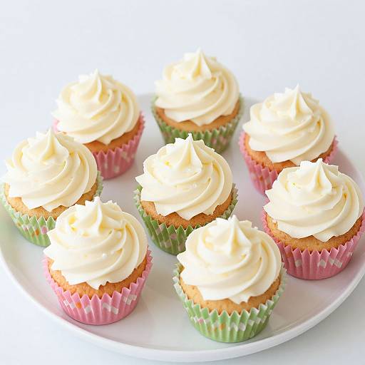 Photograph of seven vanilla cupcakes with swirled white frosting, each in colorful paper liners, arranged on a white plate.