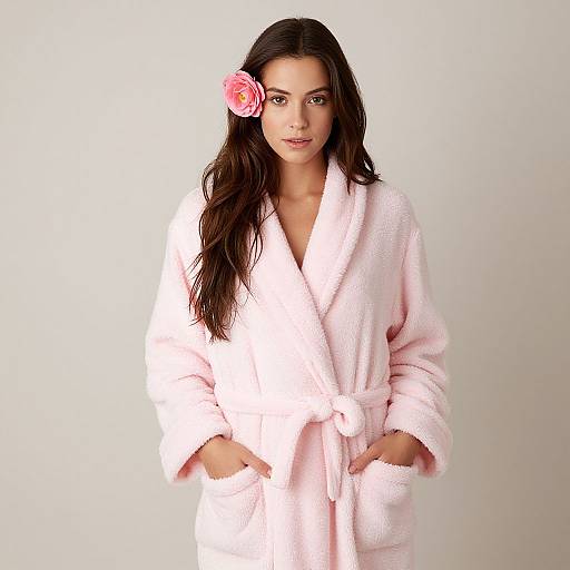 Photograph of a fair-skinned woman with long, wavy dark brown hair, wearing a pink, fluffy bathrobe with a flower on her left