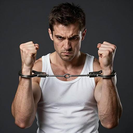 Intense Muscular Man in Handcuffs