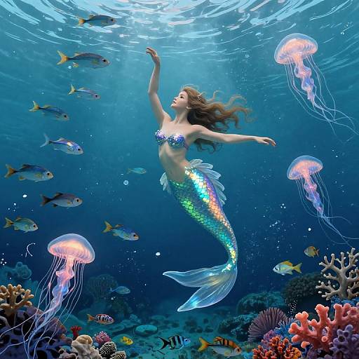 Photorealistic CGI of a mermaid with iridescent scales, floating underwater, surrounded by colorful fish and jellyfish, amidst vibrant coral reefs.