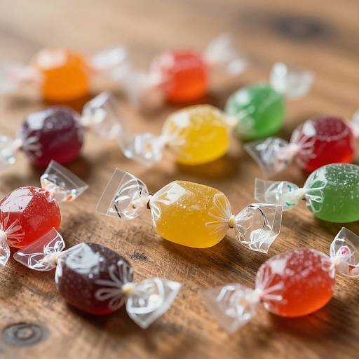 Photograph of colorful, shiny, foil-wrapped candies scattered on a rustic wooden surface, with a shallow depth of field blurring the background.